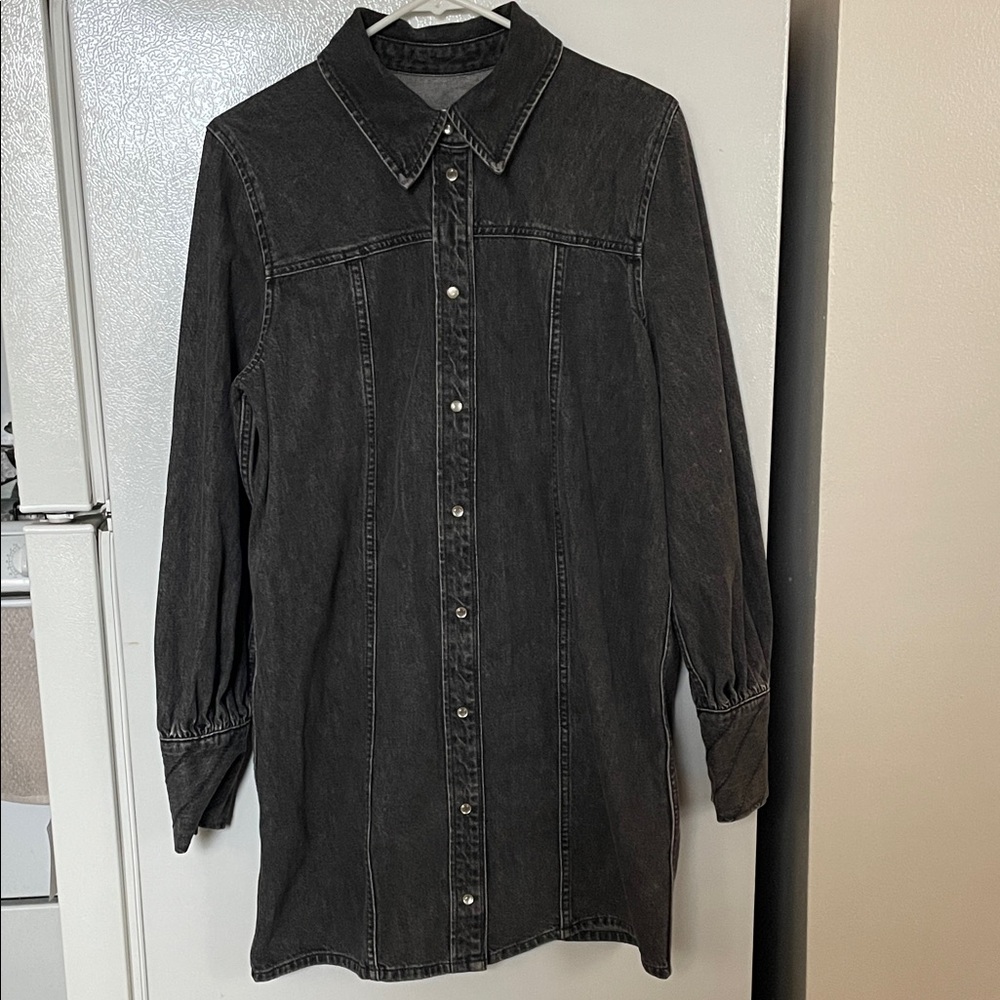 Ganni Size 40 100% Cotton Black‎ Distressed Collared Denim Shirt Dress Buttons